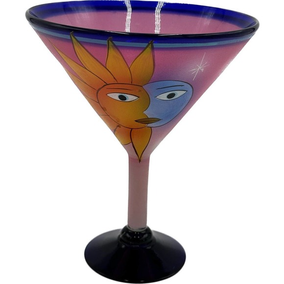 Mexican Sun and Moon Hand Painted Mouth Blown Martini Margarita Glass - Picture 1 of 7
